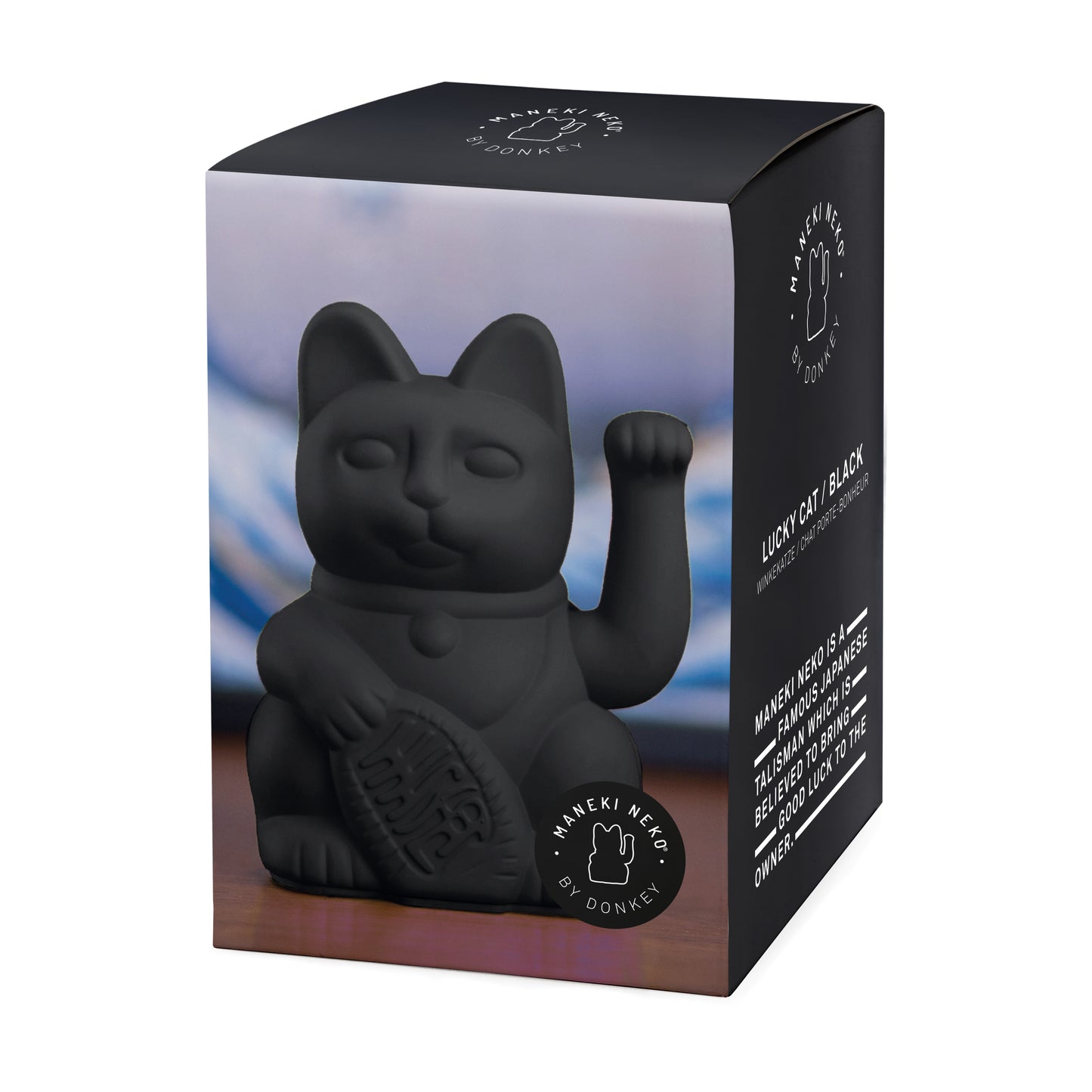 Verpakking MYNEKO Lucky Cat Black – klassieke waving cat, ca. 15 cm, woondecoratie of cadeau
