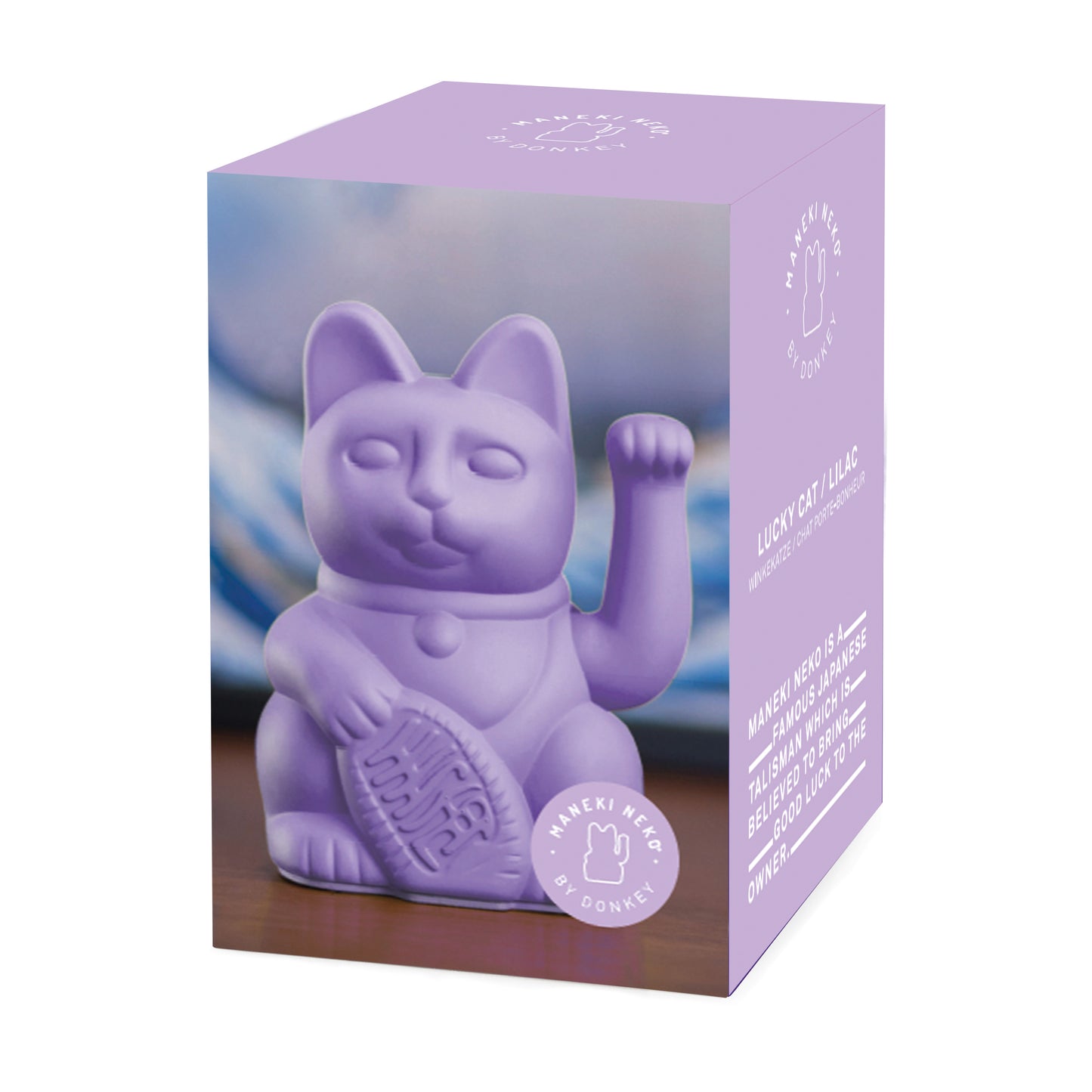 Verpakking MYNEKO Lucky Cat Lilac – klassieke waving cat, ca. 15 cm, woondecoratie of cadeau