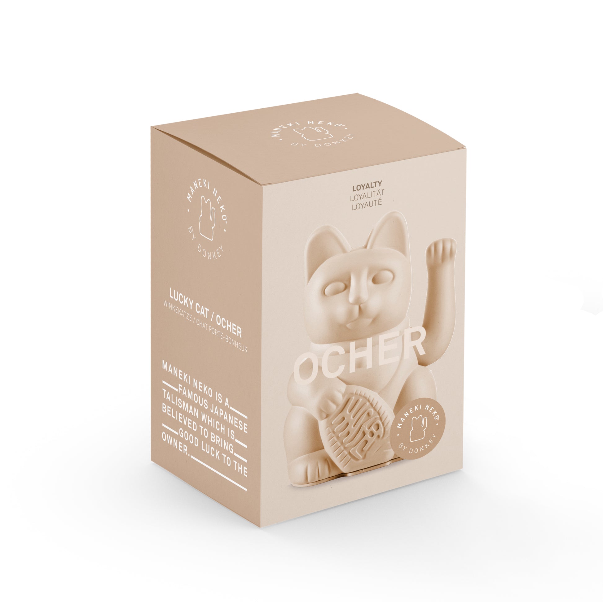 Verpakking MYNEKO Lucky Cat Ocher – klassieke waving cat, ca. 15 cm, woondecoratie of cadeau