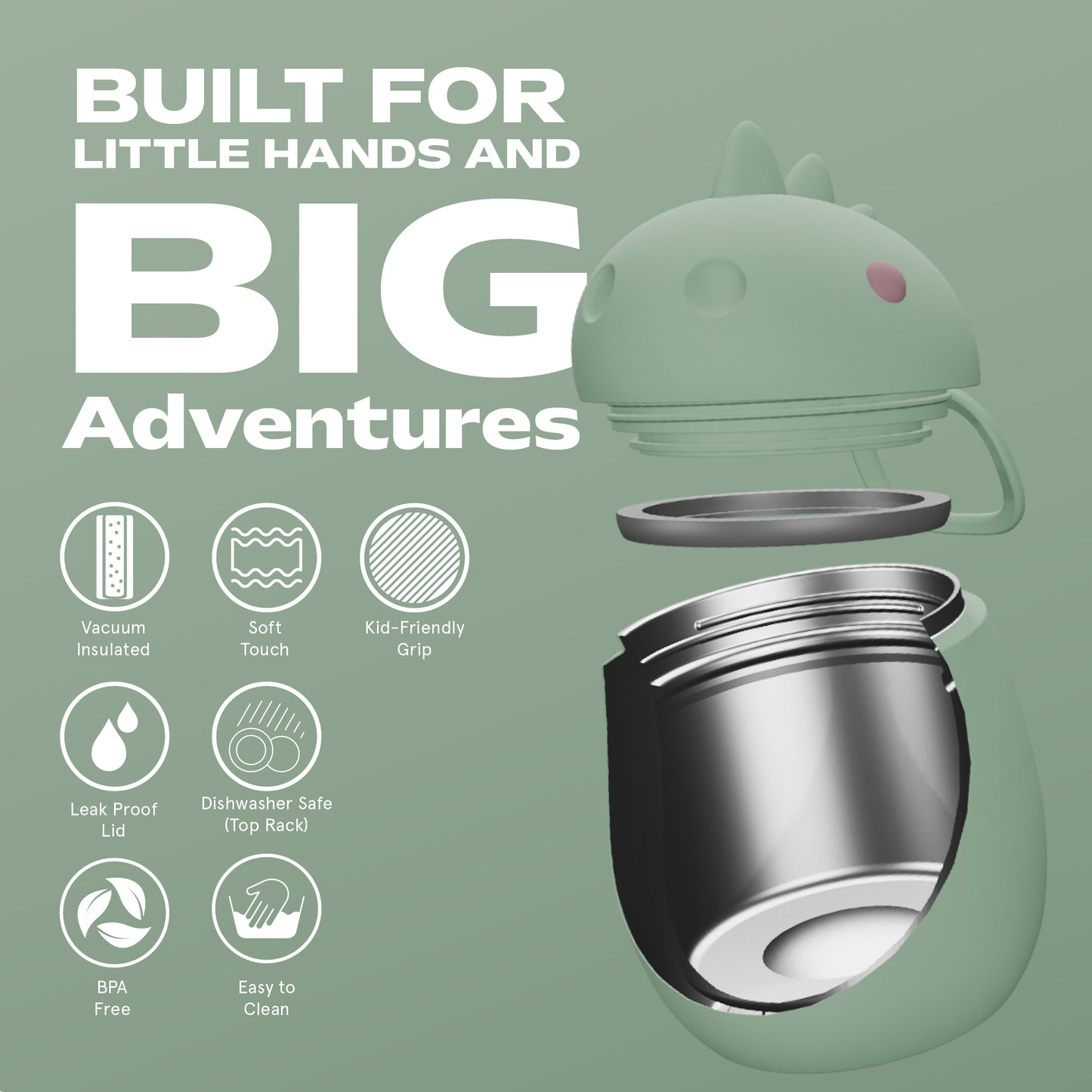 Asobu Food Container Dinosaur – dubbelwandige lunchbox voor kinderen, 12u warm en 24u koud, doorsnede met kenmerken