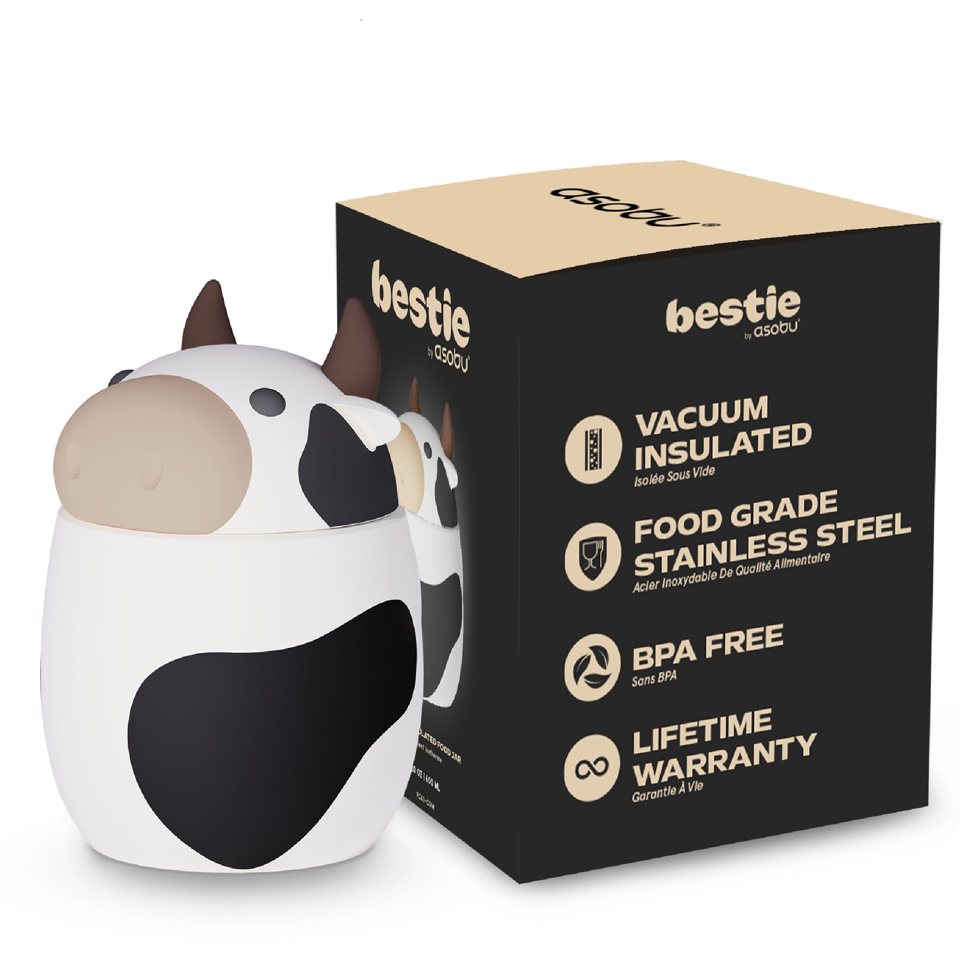 Asobu Food Container Cow – dubbelwandige lunchbox voor kinderen, 12u warm en 24u koud, met verpakking