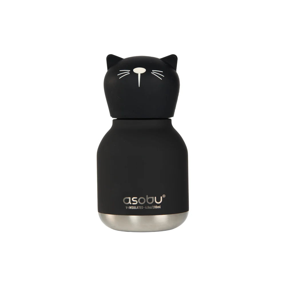Asobu Bestie MINI drinkfles Black Cat – vooraanzicht, schattige poes thermofles 200ml
