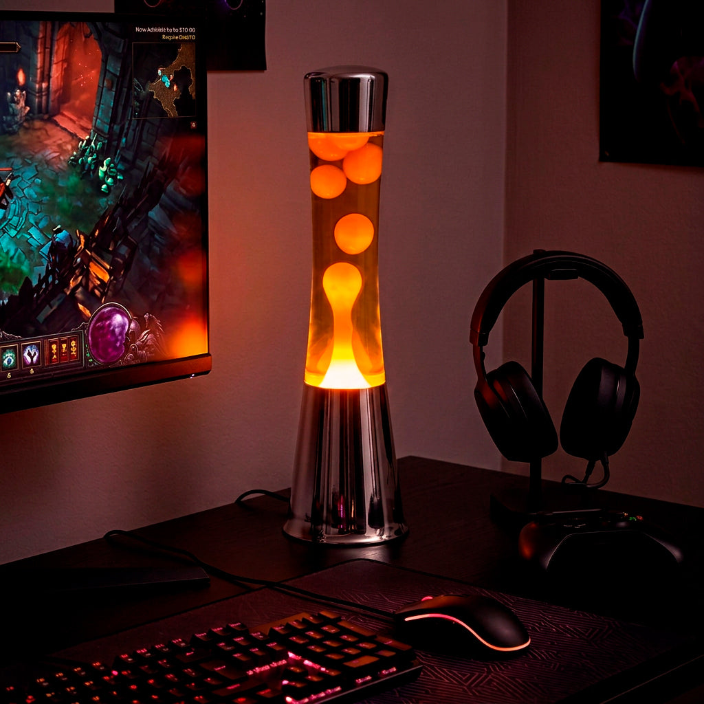 Fisura Lavalamp Tower Zilver met Oranje Vloeistof en Oranje Lava – 40 cm - sfeer - lamp bij computer