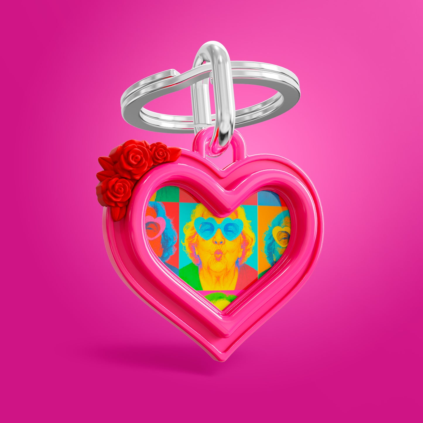 Metalmorphose® Sleutelhanger Wave Photo Frame Heart - met roze/fuchsia achtergrond
