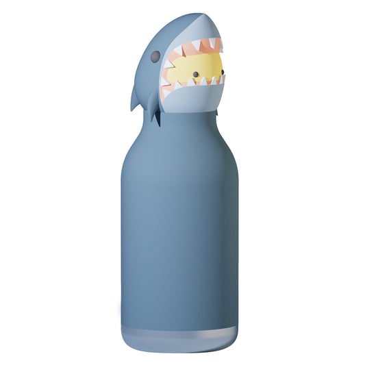 Asobu Bestie Drinkfles Shark, leuke thermosfles voor kinderen in blauw met haaienkop.